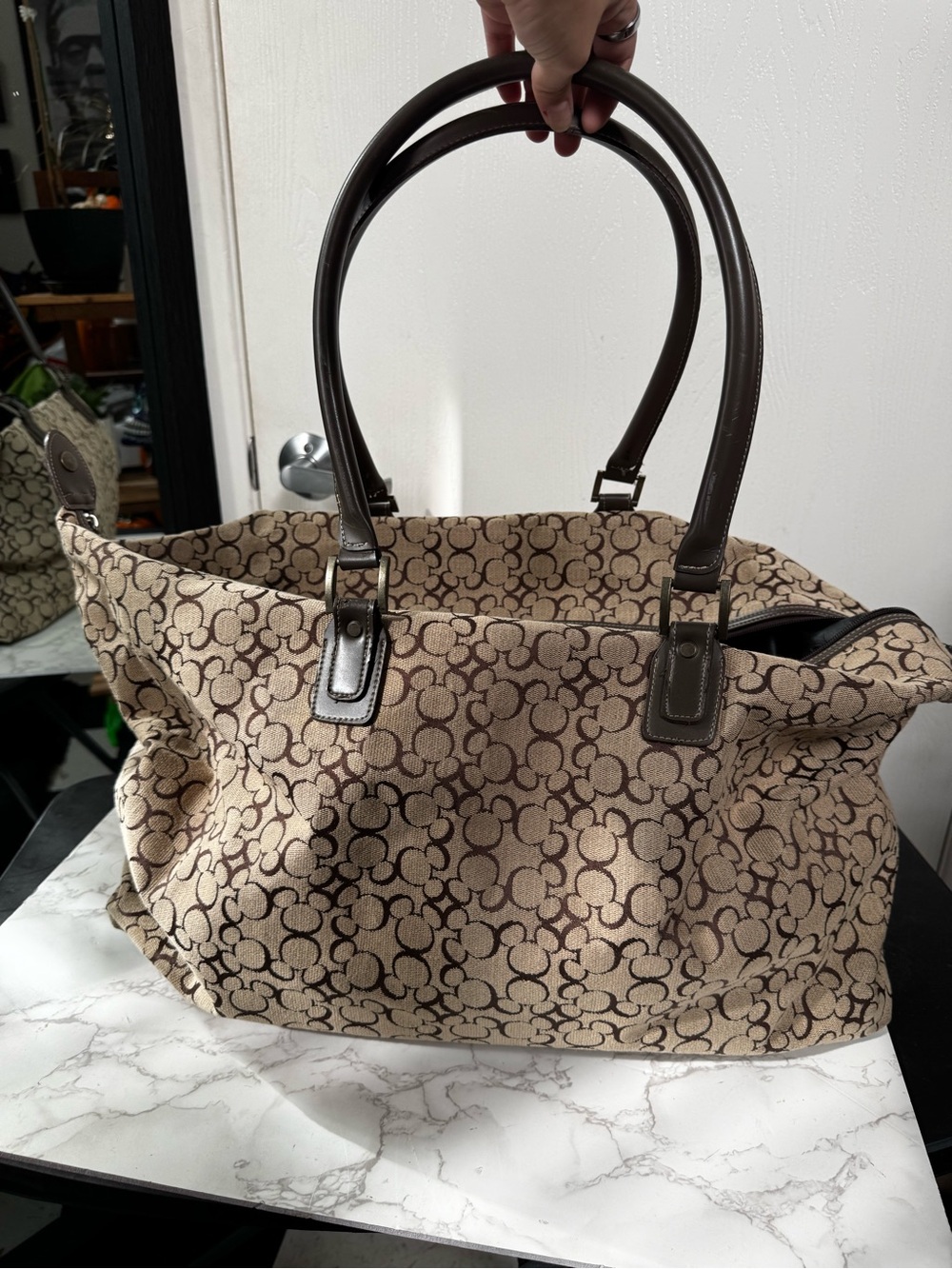 Brown vintage Disney Patterned Tote Bag with Dark Brown Handles